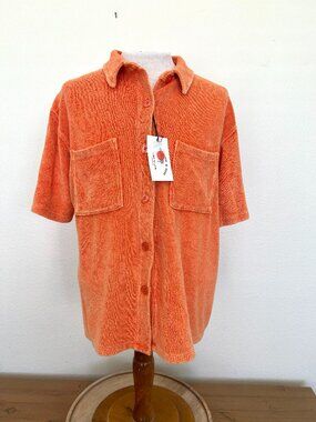 NWT Orange Terrycloth Short Sleeve Button Down Shirt - Electric & Rose - Size L